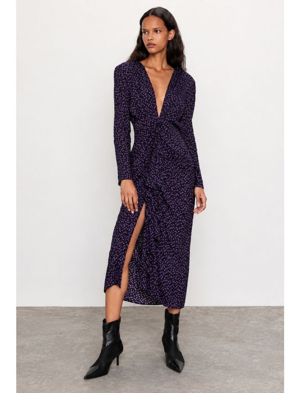 Zara Polka Dot Ruffle Dress Black Purple Long Sleeve V Neck Leg Slit Formal Midi